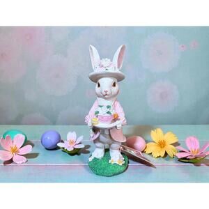 Easter Bunny Figurine Holding Tea Cup and Macaron